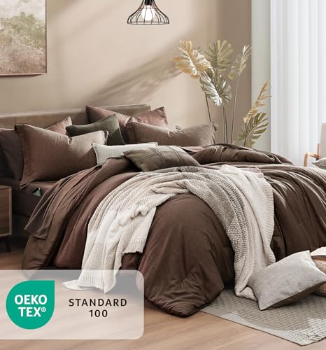 Image of Monbix Queen Comforter Set - 7 Pieces Cationic Dyeing Chocolate Brown Bed in a Bag Queen Bedding Sets with Comforter, Sheets, Pillowcases & Shams, Reversible Bedding Comforters Sets