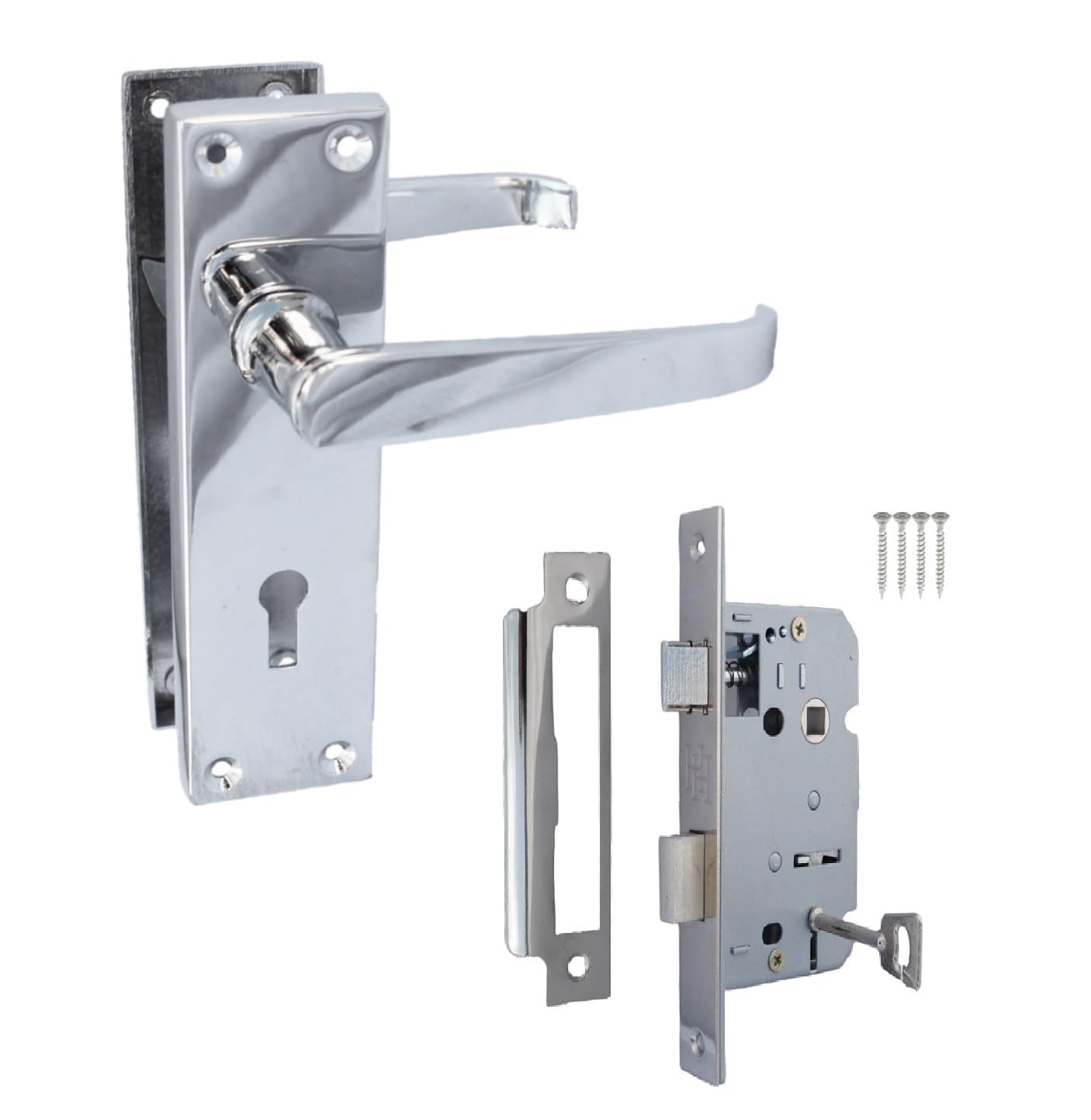 Epsom Door Handle Victorian Straight Polished Chrome Internal Lock Door Handle Set – Lever on Backplate – Includes 3 Lever Mortice Sash Lock – 1 Pair