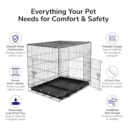 Image of PETJOY Foldable Metal Wire Dog Cage /Crate /Carrier with Tray | for Large and XL Adult Dogs | 42 Inch | Black | Single Door | Removable Base | Manual Locking Mechanism