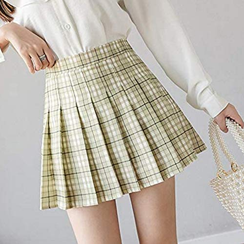 Saia plissada de cintura alta para meninas, uniforme evasê, saia escolar com forro, Xadrez verde, M