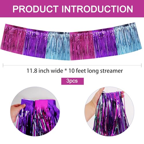 Image of BEISHIDA 3 Packs Metallic Foil Fringe Garland Blue Purple Pink Wall Hanging Tinsel Fringe Banners for Car Floats Bridal Shower Wedding Birthday Easter Graduation Holiday Party Decoration(30 Feet)
