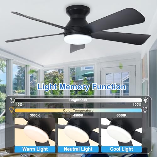Image of Depuley 42-Inch Ceiling Fans with Lights: Flush Mount Ceiling Fan with Remote Control Indoor /Outdoor- Black 5 Blade Low Profile Fandelier for Kitchen Gazebo - Reversible Quiet Timer - 2 Packs