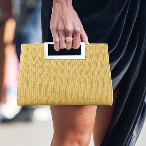 Image of WALLYN'S Clutch Purse for Women PU Leather /Straw Evening Party Metal Grip Cut it out Handbag with Shoulder Chain Strap