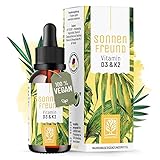 PFLANZLICHE VITAMIN D3 K2 TROPFEN - Enthält Vitamin D vegan aus pflanzlichen Flechten (ohne tierisches Lanolin) und Vitamin K2 (all trans). 1 D3K2 Tropfen enthält 25µg Vitamin D3 (1000 IE) und 12µg K2