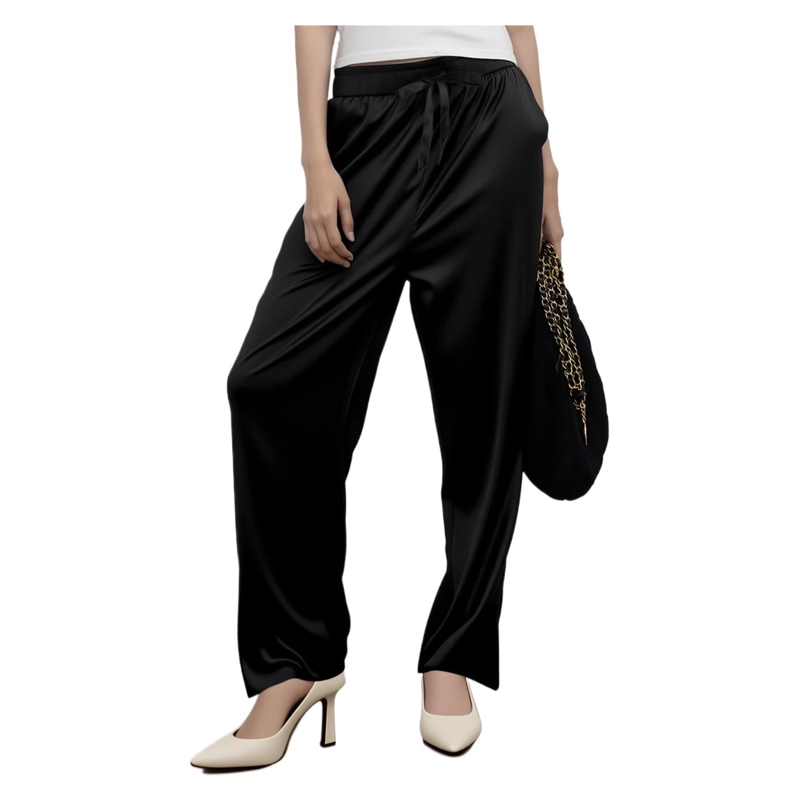 Pantalones de Verano Pantalones Anchos de Seda for Mujer, Rectos, Ligeros, de satén, con Bolsillos, for Uso Diario e Informal. para Mujer(Black,XL)