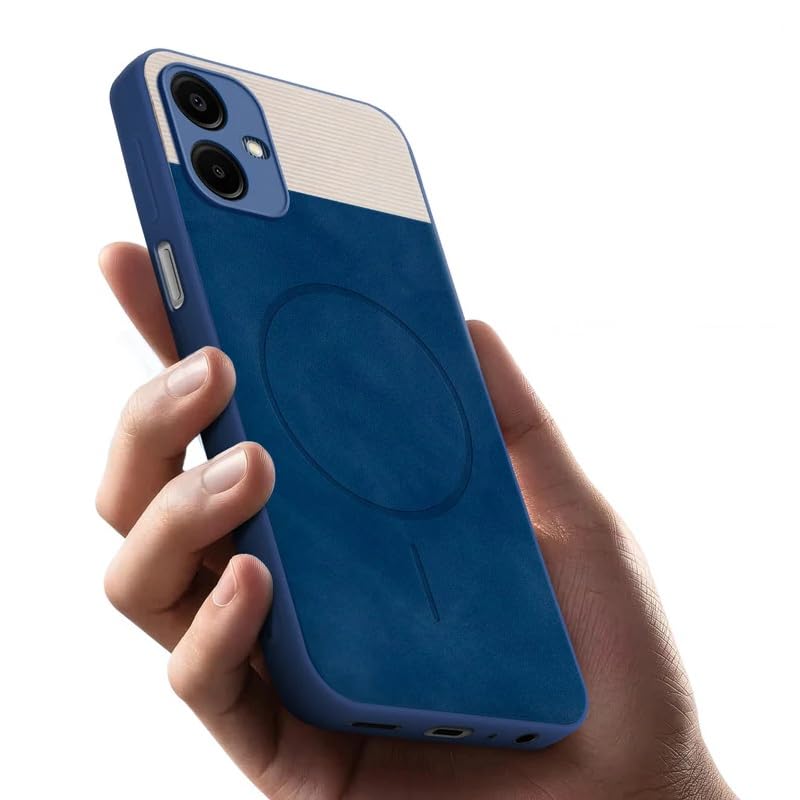 Image of Bintage CASE Mac Safe Design Hard Light Weight Back Case | Soft Border Camera Protect | Dual PU Leather Finish Back Cover Compatible for Samsung Galaxy A06 5G - White & Blue