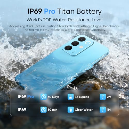 Image of realme 15X 5G Smartphone 8GB RAM 128GB ROM, 6.8 inch 144Hz Display, 7000 0mAh Battery, 60W Fast Charging IP69 Pro Waterproof Dimensity 6300 6nm Octa-core chipset Processor (Aqua Blue)