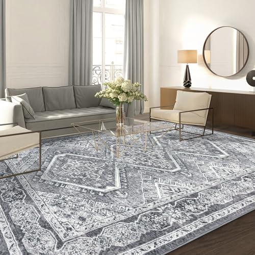 KUTA Living Room Rug 6x9 Grey Soft Blue, Washable Large Area Rugs 6ft x 9ft, Non-Slip Boho Printed Oriental Dining Room Carpet, Indoor Low-Pile Cozy Room Throw for Office Bedroom