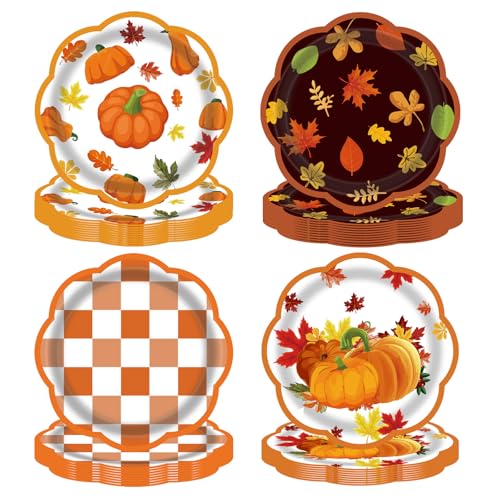 LDFDRT Platos de papel de otoño de 17,8 cm, decoración de otoño, calabaza, arce, 48 unidades (4 estilos X12), vajilla de fiesta para otoño, fiesta, boda, día de Acción de Gracias