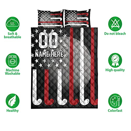 Ohaprints Custom Field Hockey Stick American Flag Personalized Name Number Quilt Blanket & Pillowcases, Quilts Bedding Set & Pillow Cover, King Queen Double Twin Throw Full Size Bedspread Bed Sets #TOP1