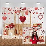 CHAIYA 7x5ft Happy Valentine's Day Photography Backdrops Brick Wall Wood Door and Red Rose Flower Love Heart Lights Background Valentine's Day Party Decorations Banner CY-293
