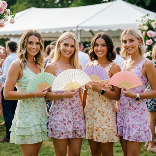 Image of Fabric Handheld Folding Hand Fan With a Tassel Grade A Bamboo Ribs for Women Girls Summer Party Event Favor Birthday Wedding Souvenir Gift (White)