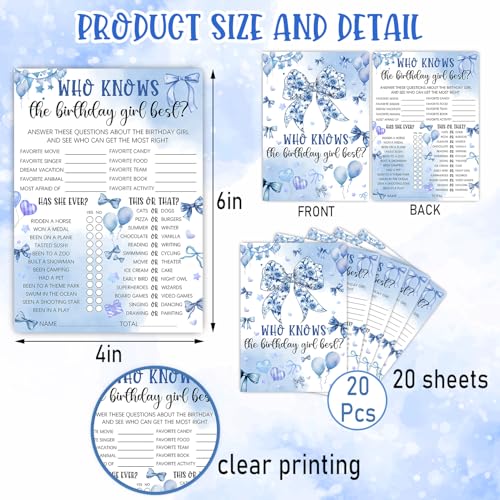 Image of Who Knows The Birthday Best - Blue Party Games Card Set - Blue Bow Themed Sleepover Slumber Party Supplies - Birthday Night Games Creative Idea - 20 Game Cards