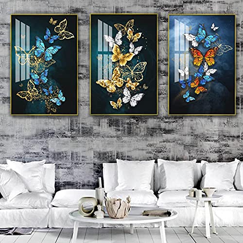 Toile papillon or et bleu 40x60 cm de salon moderne sans cadre