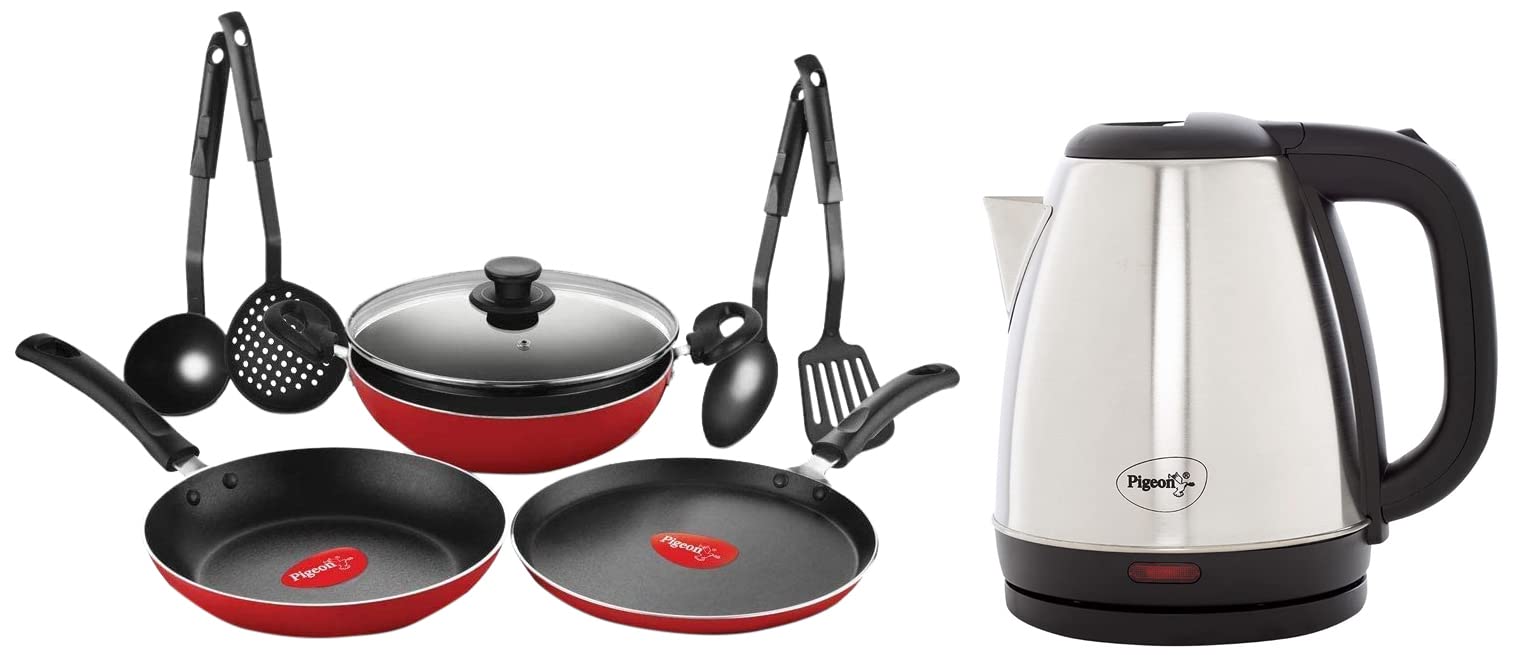 Pigeon by Stovekraft Mio Aluminium Gift Set, Red (8 Pieces) & Pigeon by Stovekraft Amaze Plus 1.5 Litre Electric Kettle, Black-image-27