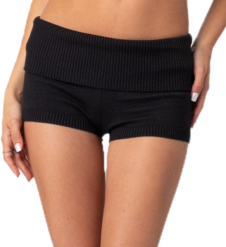 Women Sexy Low Waist Fold Over Micro Shorts Comfy Slim Fit Lounge Shorts Cotton Booty Mini Bottoms Sleep Short Pants