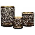 Set of 3 Black and Gold Metal Decorative Hurricane Candle Holders with 3 complimentary Pine Scented Votive tealight Candles Included. Elegant Lantern Style Centerpiece. Home décor Room Accents