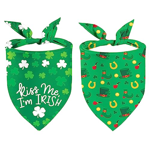 St Patricks Day Dog Bandana Puppy Scarf, 2 Pcs Shamrocks Kiss Me Irish Triangle Reversible Pet Scarf Holiday Party Dog Costume for Small Medium Large Dogs