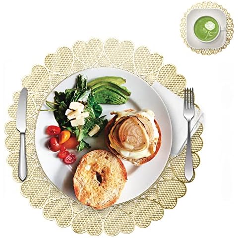 Gold Placemats Set of 12,12 Pcs Round Metallic Table Mats and 12 Pcs Coasters for Dining Table Valentine's Day Heart Shape Charger Placemats for Wedding,Party,Morden Decoration Cover
