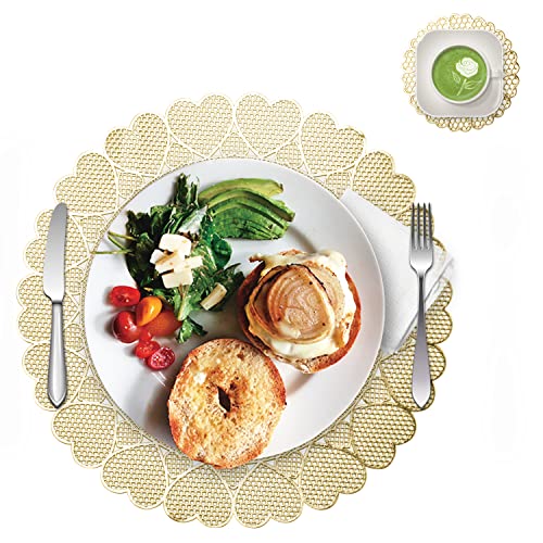 Gold Placemats Set Of 12,12 Pcs Round Metallic Table Mats And 12 Pcs Coasters For Dining Table Valentine's Day Heart Shape Charger Placemats For Wedding,Party,Morden Decoration #TOP1