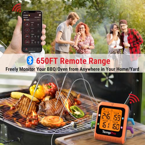 Image of TempPro 650 ft Bluetooth Meat Thermometer with 4 Color-Coded Probes, Wireless Meat Thermometer Digital Wireless with Timer, Commercial Cooking Tools & Utensils Rechargeable for Smoker Oven