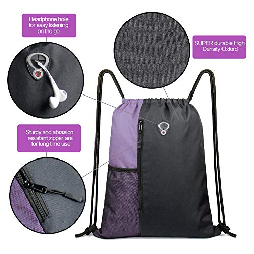 Image of BeeGreen Lilac Drawstring Backpack Sports Gym String Backpack For Women Men Large Size Cinch Sack Workout Bag with Zipper and Water Bottle Mesh Pockets