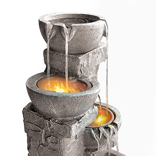 Teamson Home Water 4 Tiered Bowls Floor Stacked Stone Waterfall Fountain With Led Lights And Pump For Outdoor Patio Garden Backyard Decking Décor, 33 Inch Tall, Gray #TOP7