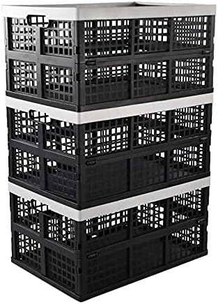 Uumitty Pack of 3 Folding Collapsible Plastic Storage Crates Boxes, Stackable Collapsible Basket, 40 Litre, Black