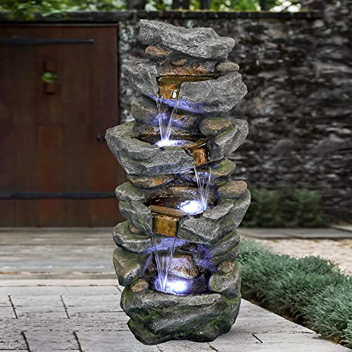Sunjet 40In Outdoor Water Fountain With Led Lights - 4-Tier Polyresin Rock Water Fountain For Home Garden, Yard, Patio, Deck Decor - Soothing Tranquility Floor-Standing Fountain #TOP2