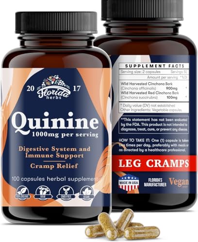 Image of Leg Cramp Support - Organic Quinine Capsules from Cinchona Bark - 1000 mg (Pack of 2, Total 200 Capsules)