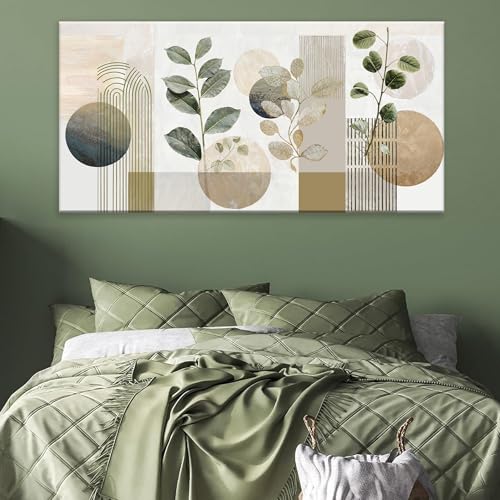 Image of Boho Green Wall Art Mid Century Canvas Wall Art Decor Set Bohemian Abstract Wall Decor Modern Geometric Wall Painting Neutral Botanical Art Print Picture Living Room Bedroom Office Artwork 24 inchX 48 inch