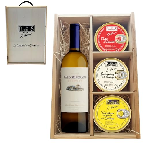LOS PEPERETES Pack Gourmet Marisco Gallego con Albariño Pazo Señorans | Pulpo al Pimentón ×2 · Zamburiñas ×2 · Sardinillas a la Gallega ×2 | Lote Delicatessen Premium