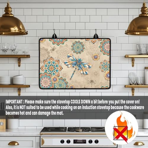 Image of Electric Stove Top Covers Heat Resistant Glass Ceramic Cooktop Cover Mat Multipurpose Kitchen Scratch Resistant Flat Top Stove Cover, 29 x 21 Inch, Boho Dragonfly Mandala Print