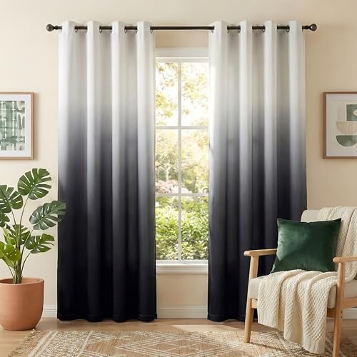 NICETOWN Room Darkening Curtains 84 inch Length for Living Room, Grommet White & Black Ombre Privacy Curtains for Hall/Villa, Home Decoration Window Treatment Drapes, 104" Wide Total 2 Piece