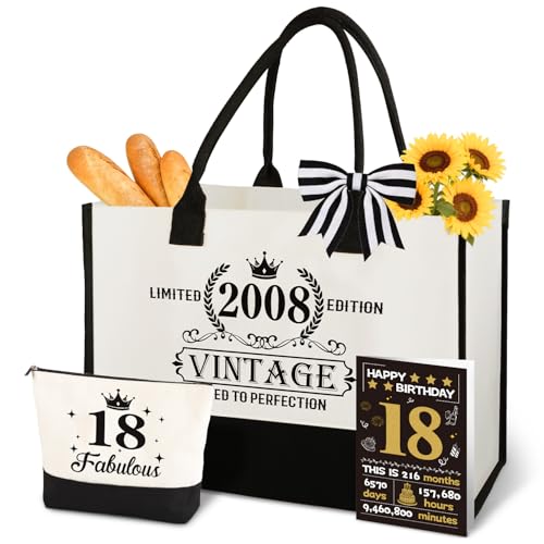 18th Birthday Gifts for Girls Vintage 2008 Canvas Tote & Makeup Bag Set Unique Gift Ideas for 18 Year Old Girl Daughter Sister Friend Birthday Gift for Turning 18