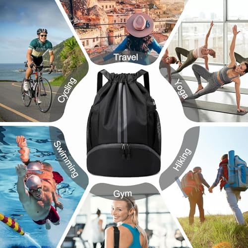Image of Sports Drawstring Backpack for Men & Women - Waterproof Gym Bag with Separate Shoe Compartment & Mesh Pockets - Lightweight Basketball, Swimming & Travel Kit Bag (Black)