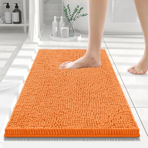 Smiry Luxury Chenille Bathroom Rugs 24x16, Extra Soft and Absorbent Shaggy Bath Mat, Machine Washable, Non-Slip Plush Carpet Runner for Tub, Shower, and Floor, Home Decor Accessories, Orange