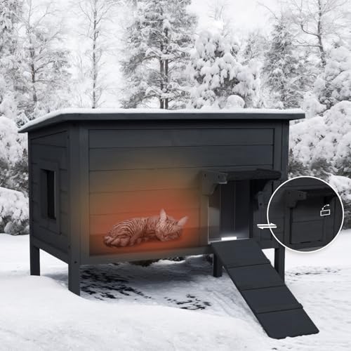 BRIOPAWS Outdoor-Cat-House-Insulated | Feral-Cat-Shelter for Winter | Weatherproof | Large Wooden Pet House for Multiple Cats | Foldable Ladder | Acrylic Side Window | Black
