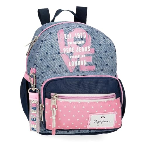 Pepe Jeans Joumma Bags - Zaino da scuola, blu e rosa, in poliestere, spallacci regolabili, per un comodo trasporto, vari scomparti, con portachiavi pompon, multicolore, Zaino passeggiata