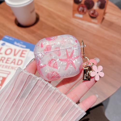 Image of MINSCOSE for AirPods 4 Clear Case,Cute Glitter Seashell and Starfish Pattern Design with Folral Keychain,Soft TPU Protective Cover for Girls Women for AirPods 4-Pink