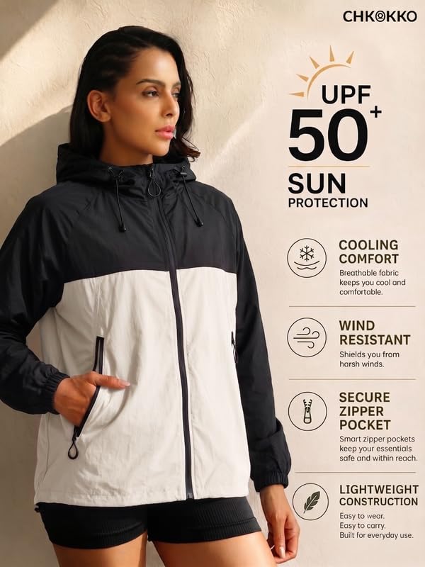Image of CHKOKKO Sunscreen Jacket For Women With Hood Upf 50+ UV Tan Sun Protection | Wind Proof Lightweight Breathable Quick-dry Water-repellent Fabric | For Gym Sports Running Biking And Dailywear