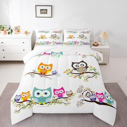 Feelyou Cartoon Owl Comforter Set Kids Cute Animal Floral Leaf Printe Comforter Kawaii Bird Branches Decor Room Decorative Bedding Set Cartoon Owls Design White Duvet Set Full 3Pcs Quilt Set