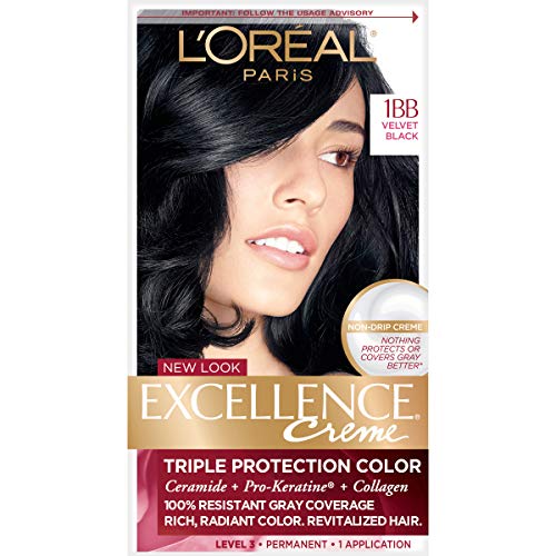 Image of L'Oreal Paris Excellence Creme Permanent Hair Color, 1BB Velvet Black, 100 percent Gray Coverage Hair Dye, Pack of 1