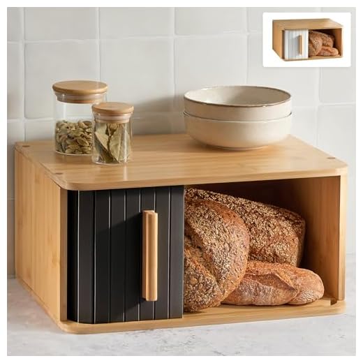 Praknu Broodtrommel van FSC-hout met schuifdeur, 40 x 28 cm, ruimtebesparend en stijlvol, voor langere frisheid, zwart