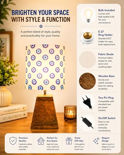 Image of Homesake Wooden Base Pyramid Table Lamp, Lamps for Living Room, Bedside Night Lamp, Lamp for Bedroom Decoration, Modern Home Decorative Light, Desk Lamp,Study Lamp, Home Decor,Turkish Evil Eye Shade