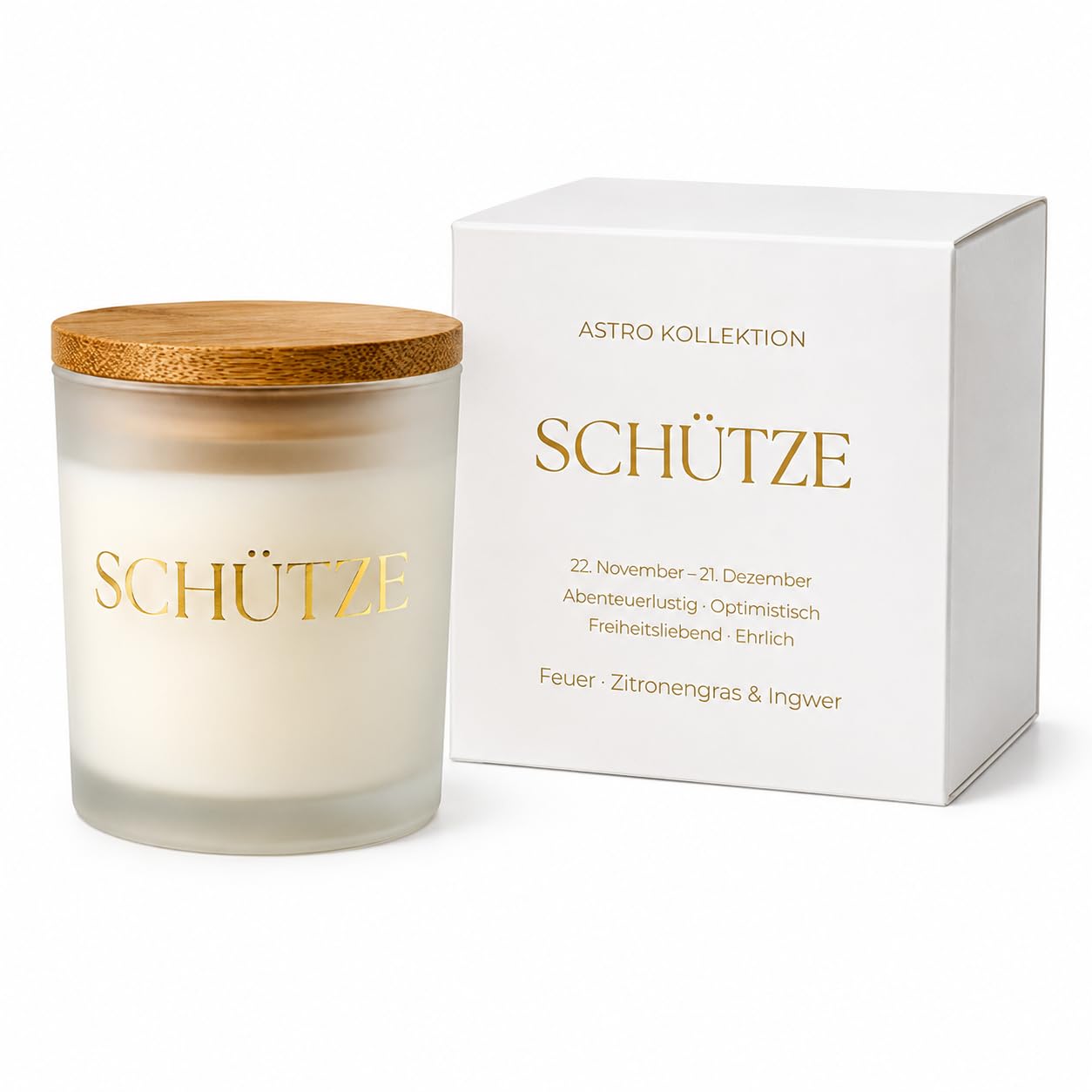 Schütze Astro Duftkerze, Zitronengras & Ingwer, Sojawachs, 220 ml, 45–50 Stunden Brenndauer
