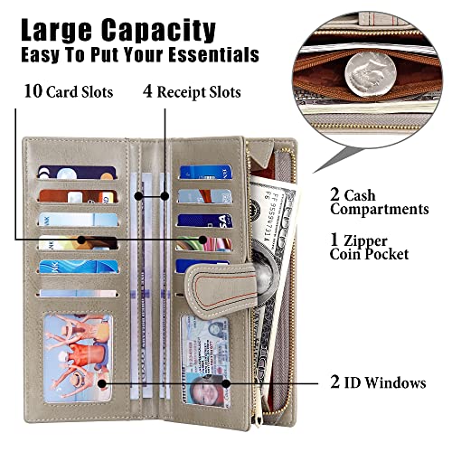 CILLA Womens Leather Wallet Large Capacity Bifold Ladies Zipper Clutch Credit Card Holder With Coin Pouch Oil Wax Design(Grey)2