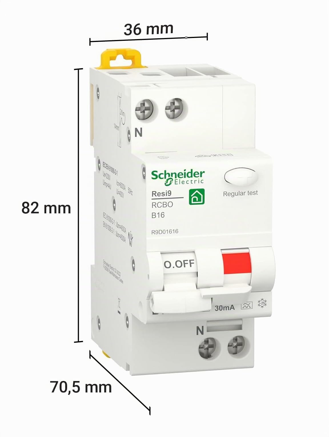 Schneider Electric FI LS RESI9 1P+N 16A B 30MA TYP A 6KA, R9D01616, Gris