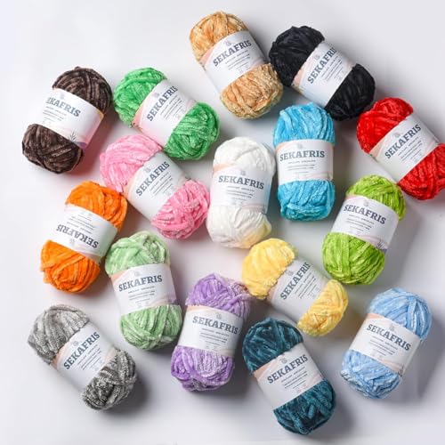 Image of 12 Pack 590 yds Chunky Chenille Yarn for Crocheting and Hand Knitting with Black Red White Green Orange Blue Plush Velvet Yarn，Baby Blanket Yarn for Crocheting Soft Amigurumi Yarn D