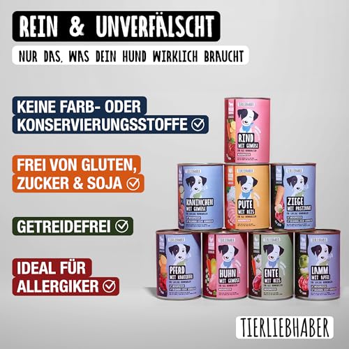 TIERLIEBHABER – Hundefutter Nass 400g Probierpaket à 8 Sorten – Von Tierärzten entwickelt – Nassfutter Hund mit 91% Fleischanteil – Dog Food als Hundenassfutter 400g Dosen